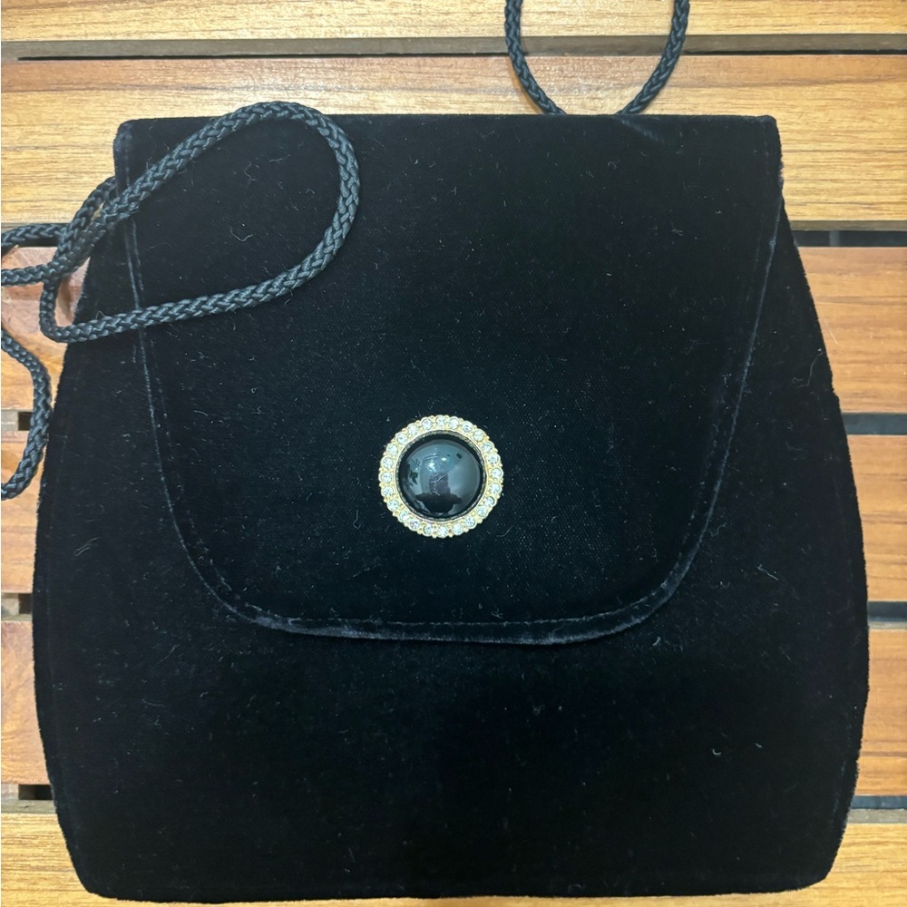 Vintage Carolyn Barton Black Velvet Evening Bag With Rhinestone Accent